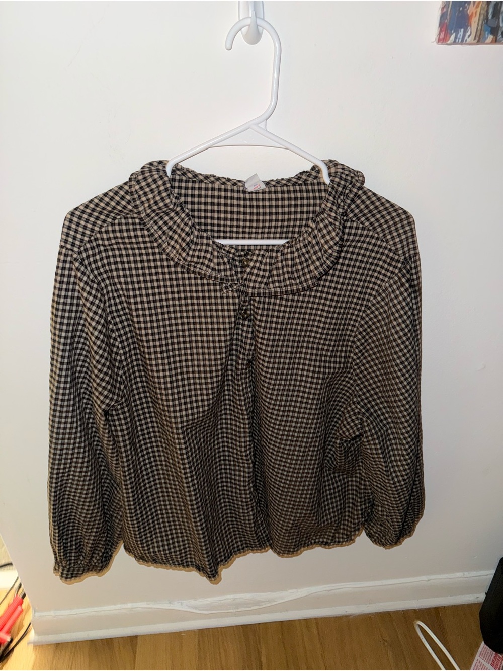 Old Navy Brown and Black Gingham Ruffle-Neck Blouse